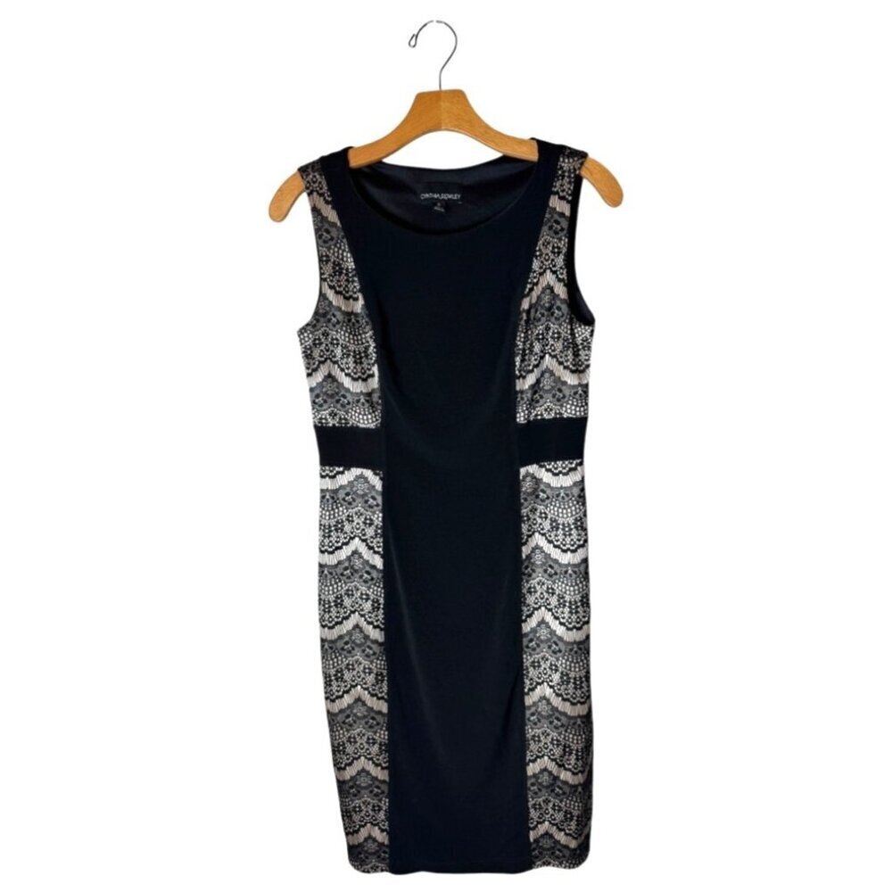 Cynthia Rowley Dress Women 6 Black Nude Lace Jersey Knit Sleeveless Sheath Party